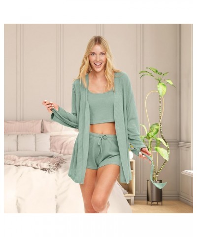 Women's Soft Ribbed Waffle Rib Knit 3 Piece Lounge Set - Robe, Cami Top and Sleep Shorts Sage $13.60 Sleep & Lounge