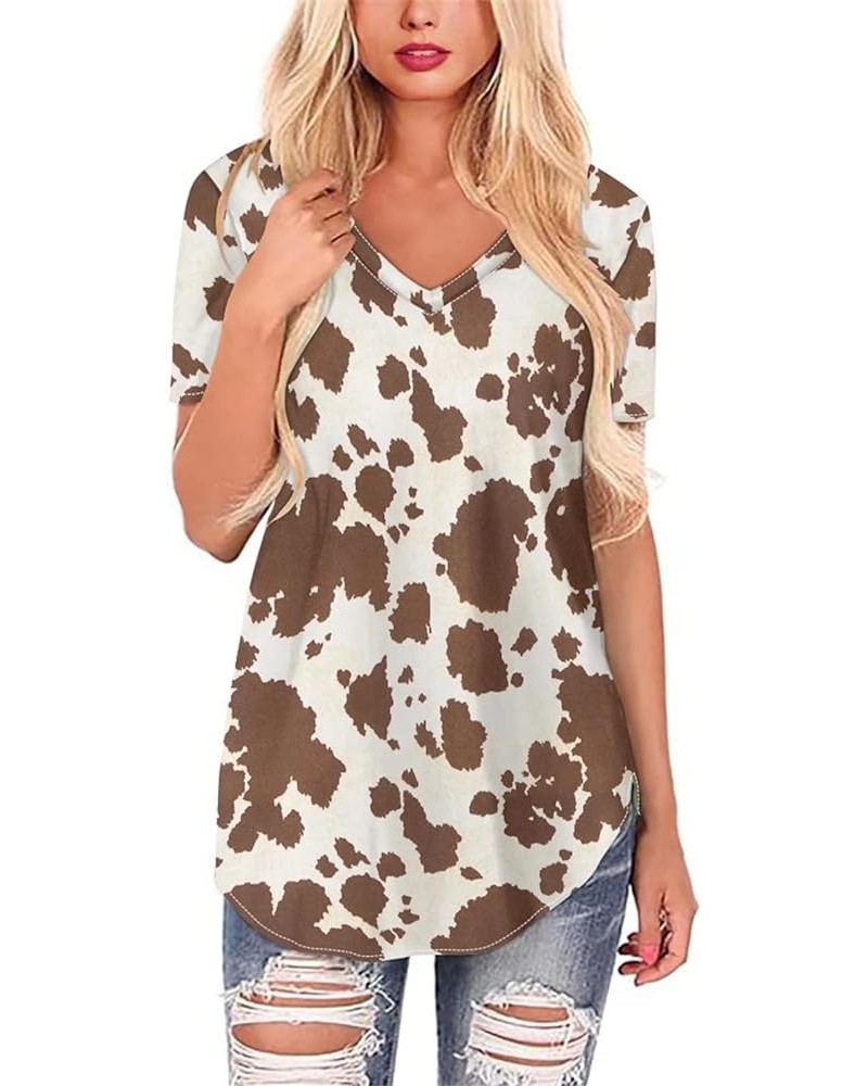 Women Novelty T-Shirts V Neck Summer Tops Graphic Tees Short Sleeve Brown Cow Print $14.49 Activewear