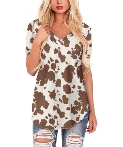 Women Novelty T-Shirts V Neck Summer Tops Graphic Tees Short Sleeve Brown Cow Print $14.49 Activewear