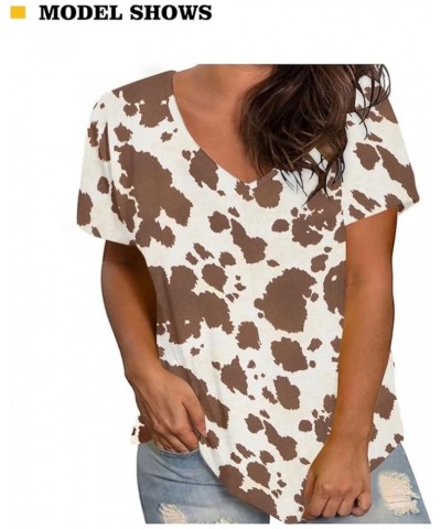 Women Novelty T-Shirts V Neck Summer Tops Graphic Tees Short Sleeve Brown Cow Print $14.49 Activewear