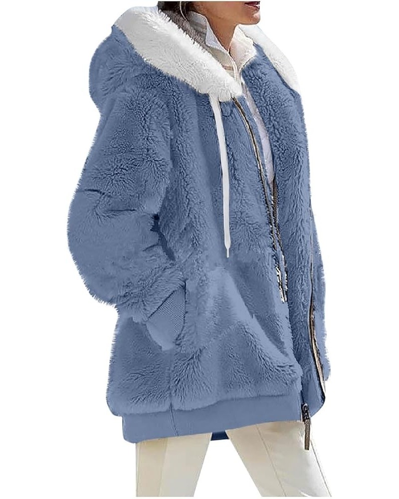 Womens 2023 Winter Fuzzy Fleece Jacket Hooded Color Block Patchwork Cardigan Coats Outerwear wit 09-light Blue $13.15 Jackets