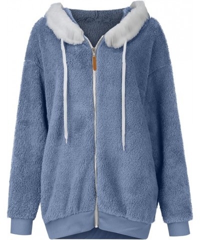 Womens 2023 Winter Fuzzy Fleece Jacket Hooded Color Block Patchwork Cardigan Coats Outerwear wit 09-light Blue $13.15 Jackets