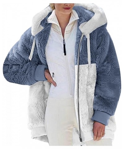 Womens 2023 Winter Fuzzy Fleece Jacket Hooded Color Block Patchwork Cardigan Coats Outerwear wit 09-light Blue $13.15 Jackets