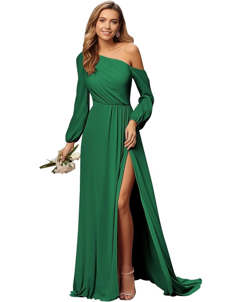 One Shoulder Long Sleeve Bridesmaid Dress with Slit Asymmetrical Chiffon Formal Wedding Guest Dresses Emerald Green $24.00 Dr...