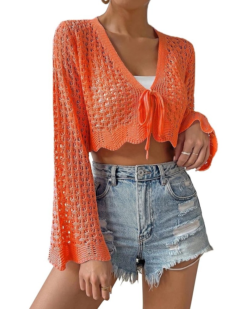 Women Tie Front Cardigan Cropped Top Trumpet Long Sleeve Scallop Trim Bow Ties Solid Loose Sexy Going Out Shirt Orange $11.39...