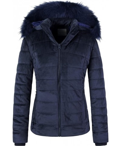 Women's Casual Short Winter Puffer Coat Soft Faux Fur Lining Lightweight Warm Jackets With Removable Hood Navy $42.49 Jackets