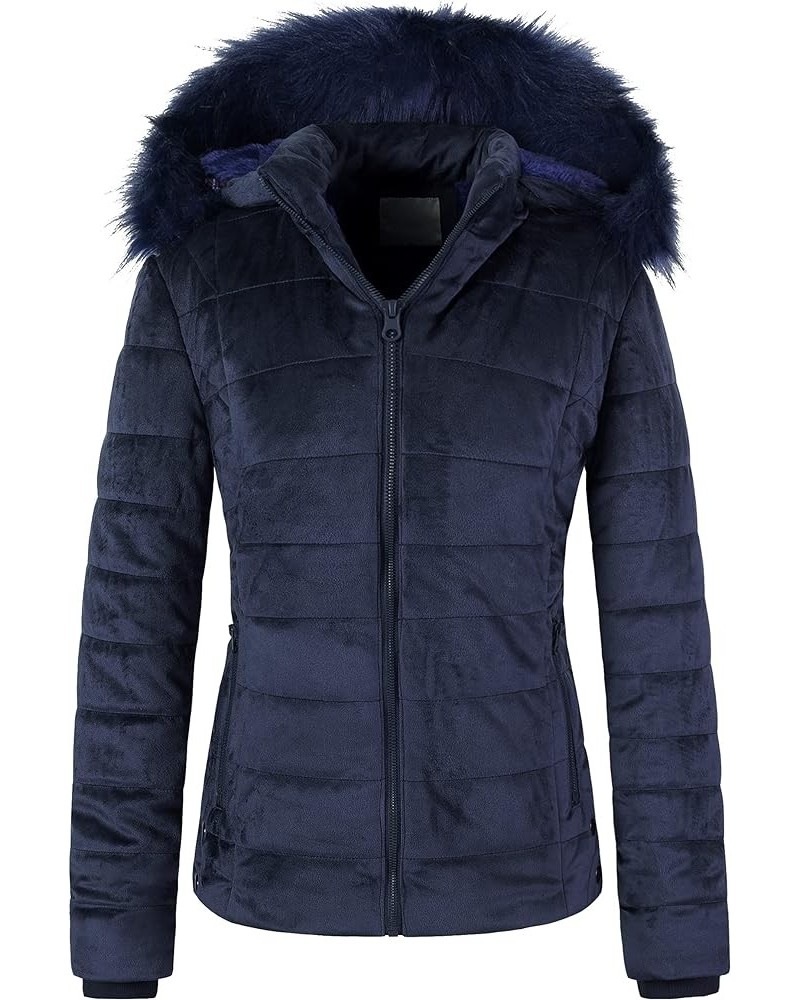 Women's Casual Short Winter Puffer Coat Soft Faux Fur Lining Lightweight Warm Jackets With Removable Hood Navy $42.49 Jackets