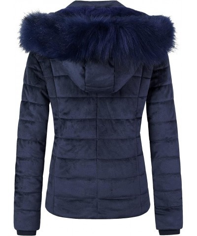 Women's Casual Short Winter Puffer Coat Soft Faux Fur Lining Lightweight Warm Jackets With Removable Hood Navy $42.49 Jackets