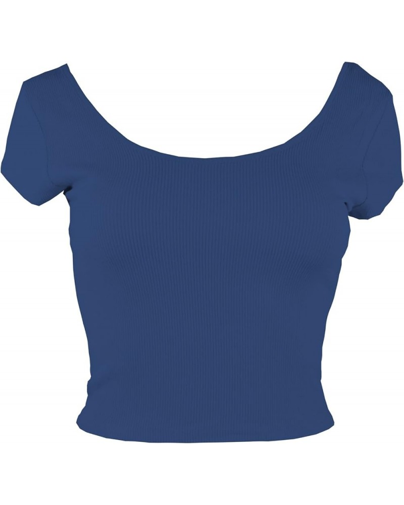 Women's Basic Short Sleeve Scoop Neck Crop Top 025_navy $8.69 Tanks