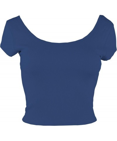 Women's Basic Short Sleeve Scoop Neck Crop Top 025_navy $8.69 Tanks