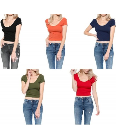 Women's Basic Short Sleeve Scoop Neck Crop Top 025_navy $8.69 Tanks