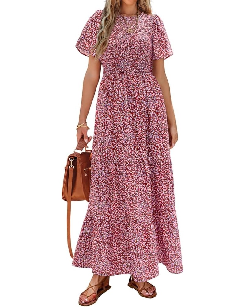 Women's 2024 Summer Casual Flutter Short Sleeve Boho Floral Maxi Dress Crew Neck Smocked Tiered Long Dresses Red $26.39 Dresses