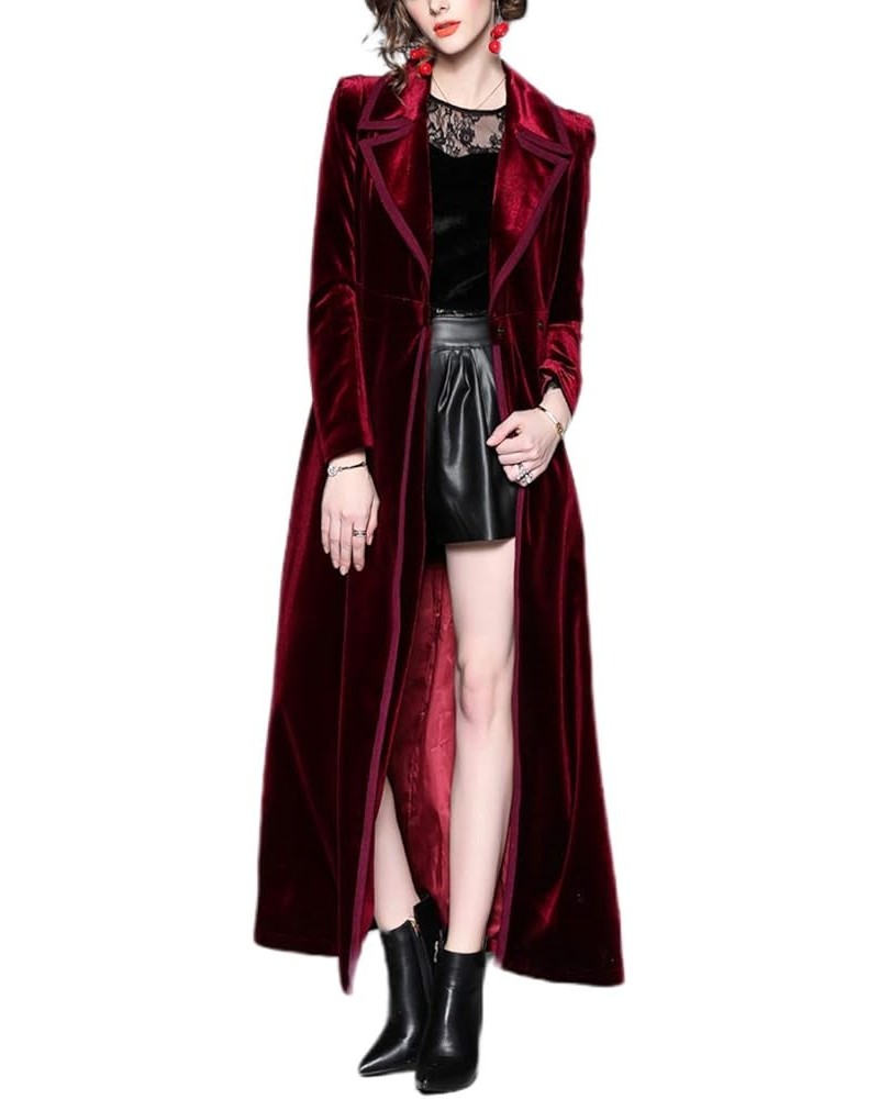 Women's Slim Notch Lapel Long Vintage Velvet Trench Coat Dress Wine Red Long $24.74 Coats