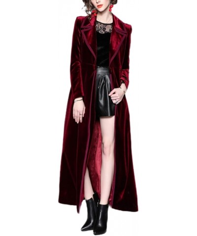 Women's Slim Notch Lapel Long Vintage Velvet Trench Coat Dress Wine Red Long $24.74 Coats