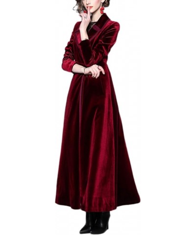 Women's Slim Notch Lapel Long Vintage Velvet Trench Coat Dress Wine Red Long $24.74 Coats