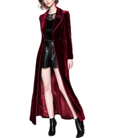 Women's Slim Notch Lapel Long Vintage Velvet Trench Coat Dress Wine Red Long $24.74 Coats