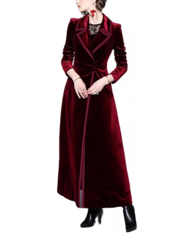 Women's Slim Notch Lapel Long Vintage Velvet Trench Coat Dress Wine Red Long $24.74 Coats