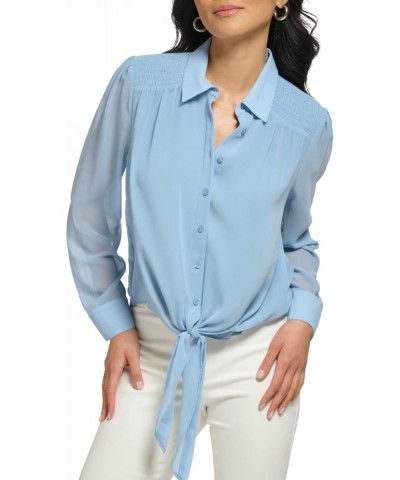 Women's Fashion Forward Knot Detail Longsleeve Smocked Shoulder Blouse, Dusk, Medium $30.03 Blouses