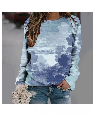 Women Long Sleeve Pullover Shirts Round Neck Printed Vintage Sweatshirt Ruffle Casual Blouses Fall Clothes 2023 15-light Blue...