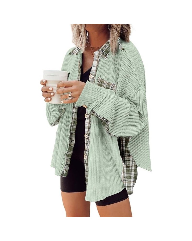 Womens Waffle Knit Plaid Shacket Boyfriend Button Down Shirt Jacket Loose Long Sleeve Tops C Grass Green $23.70 Blouses