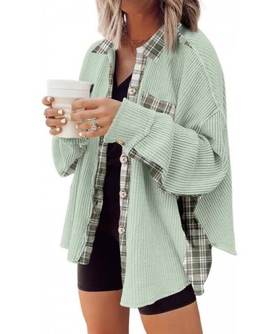 Womens Waffle Knit Plaid Shacket Boyfriend Button Down Shirt Jacket Loose Long Sleeve Tops C Grass Green $23.70 Blouses