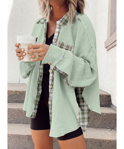 Womens Waffle Knit Plaid Shacket Boyfriend Button Down Shirt Jacket Loose Long Sleeve Tops C Grass Green $23.70 Blouses