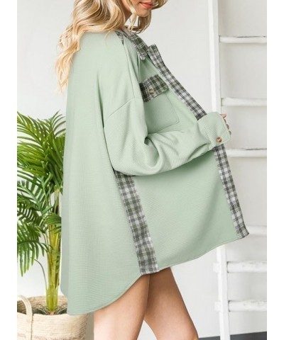 Womens Waffle Knit Plaid Shacket Boyfriend Button Down Shirt Jacket Loose Long Sleeve Tops C Grass Green $23.70 Blouses