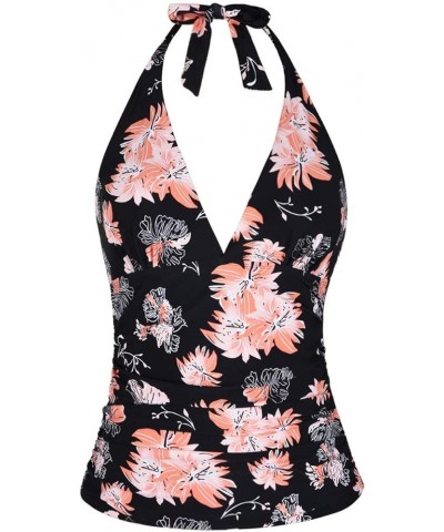 Women's Plunging V Neck Halter Swim Tops Shirred Tankini Top Retro Swimsuit Tops Chrysanthemum $14.76 Swimsuits