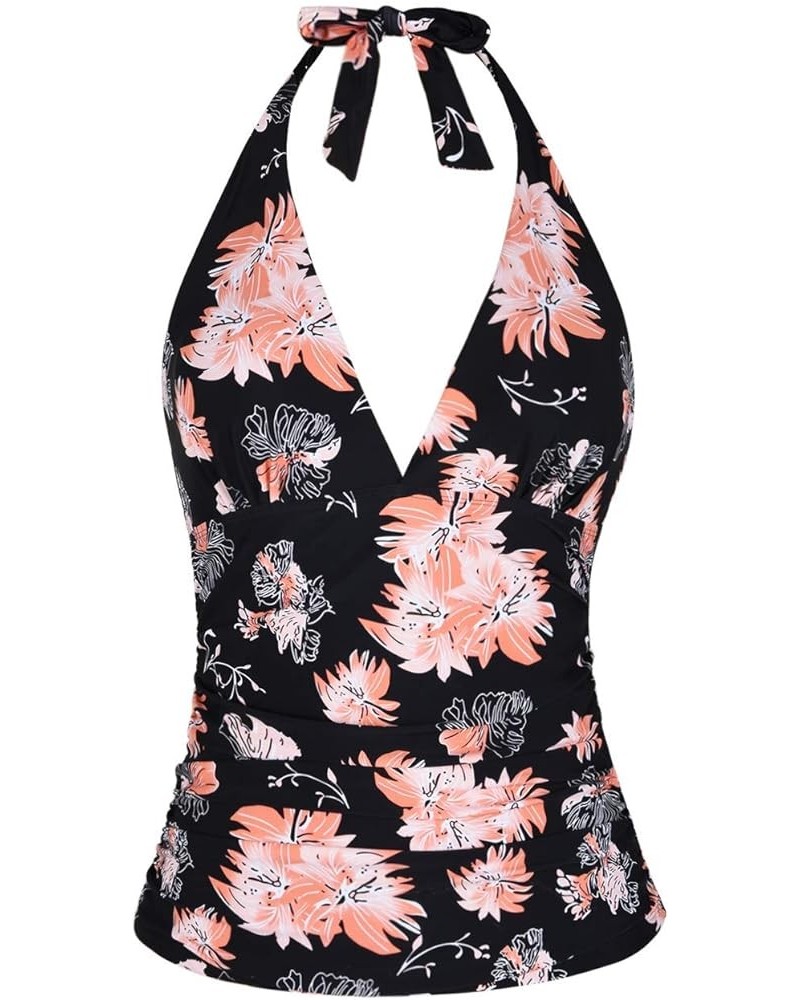 Women's Plunging V Neck Halter Swim Tops Shirred Tankini Top Retro Swimsuit Tops Chrysanthemum $14.76 Swimsuits