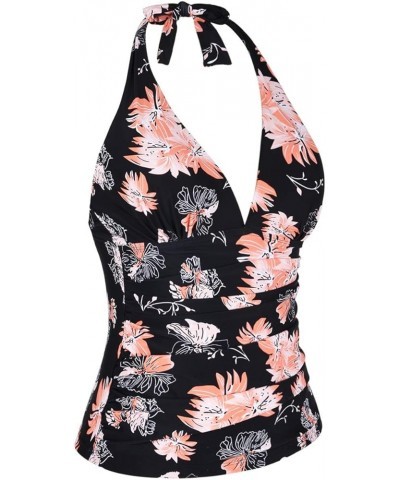 Women's Plunging V Neck Halter Swim Tops Shirred Tankini Top Retro Swimsuit Tops Chrysanthemum $14.76 Swimsuits