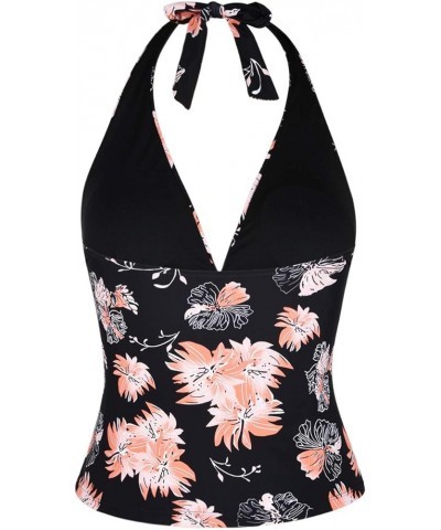 Women's Plunging V Neck Halter Swim Tops Shirred Tankini Top Retro Swimsuit Tops Chrysanthemum $14.76 Swimsuits