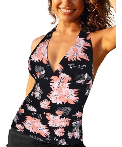 Women's Plunging V Neck Halter Swim Tops Shirred Tankini Top Retro Swimsuit Tops Chrysanthemum $14.76 Swimsuits