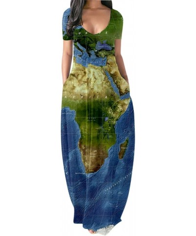 Women's Plus Size Short Sleeve African Maxi Dresses, Map Print Summer Beach Casual Long Dress with Pockets Stretchy F $14.08 ...