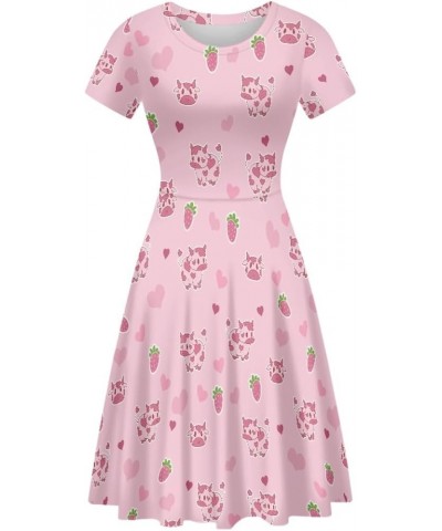 Women's Casual Animal Floral Print Short Sleeve A Line Swing T Shirt Dress Plus Size Pink Cow Strawberry $11.20 Dresses