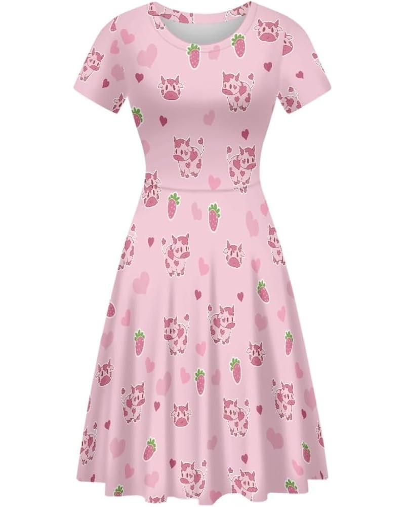 Women's Casual Animal Floral Print Short Sleeve A Line Swing T Shirt Dress Plus Size Pink Cow Strawberry $11.20 Dresses