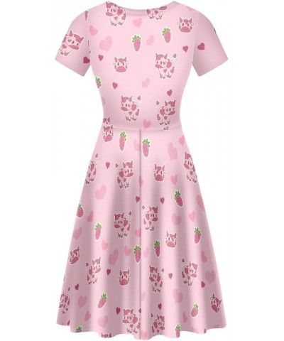 Women's Casual Animal Floral Print Short Sleeve A Line Swing T Shirt Dress Plus Size Pink Cow Strawberry $11.20 Dresses