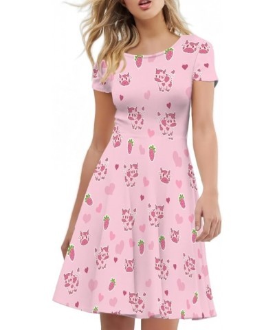 Women's Casual Animal Floral Print Short Sleeve A Line Swing T Shirt Dress Plus Size Pink Cow Strawberry $11.20 Dresses