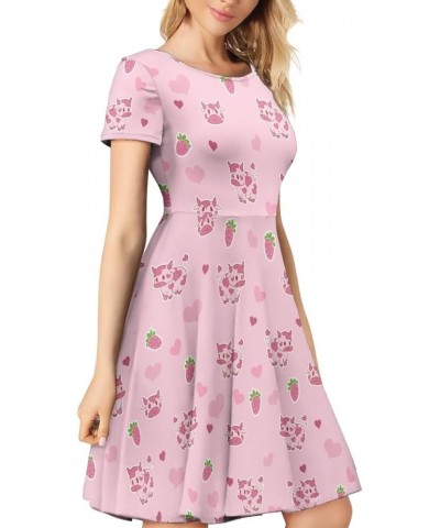 Women's Casual Animal Floral Print Short Sleeve A Line Swing T Shirt Dress Plus Size Pink Cow Strawberry $11.20 Dresses