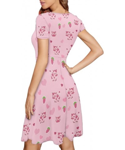 Women's Casual Animal Floral Print Short Sleeve A Line Swing T Shirt Dress Plus Size Pink Cow Strawberry $11.20 Dresses