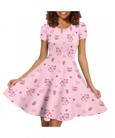 Women's Casual Animal Floral Print Short Sleeve A Line Swing T Shirt Dress Plus Size Pink Cow Strawberry $11.20 Dresses