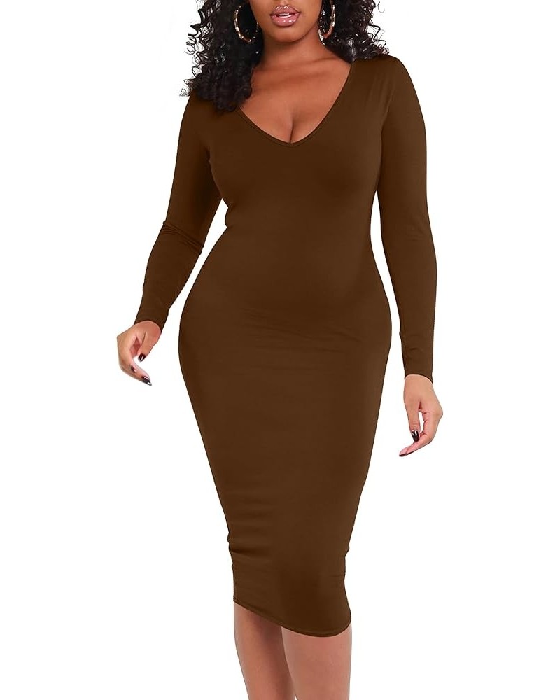 Women's Sexy Bodycon Long Sleeve Deep V Neck Club Party Midi Pencil Dresses Coffee $15.92 Dresses