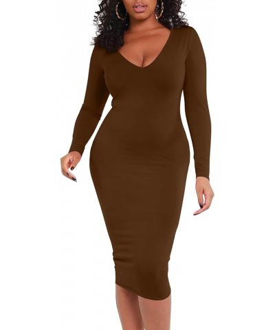 Women's Sexy Bodycon Long Sleeve Deep V Neck Club Party Midi Pencil Dresses Coffee $15.92 Dresses