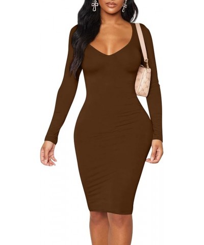 Women's Sexy Bodycon Long Sleeve Deep V Neck Club Party Midi Pencil Dresses Coffee $15.92 Dresses