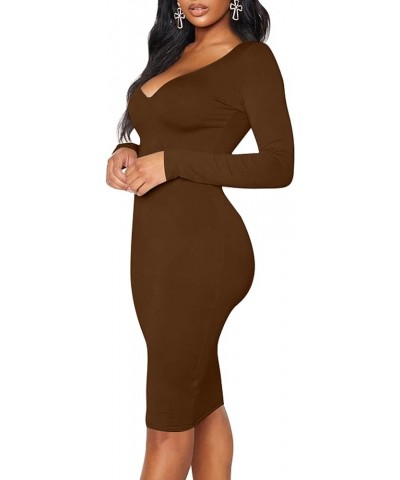 Women's Sexy Bodycon Long Sleeve Deep V Neck Club Party Midi Pencil Dresses Coffee $15.92 Dresses