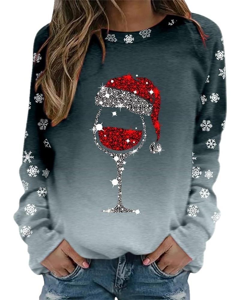 Glitter Xmas Wine Glass with Santa Hat Sweatshirts for Women Crewneck Gothic Christmas Costume Casual Funny No Hood Dark Gray...