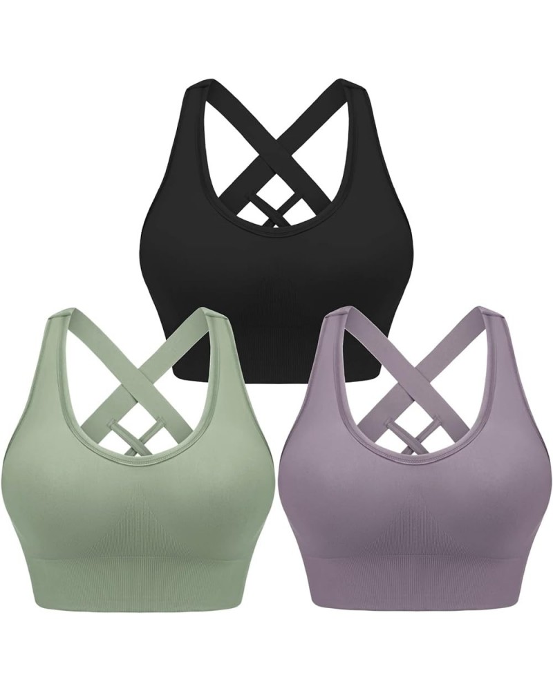 Women Sports Bras High Impact Strappy Cross Back Padded Workout Bras for Running Yoga Gym 3 Pack-black+purple+green $16.38 Li...