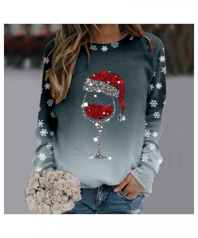 Glitter Xmas Wine Glass with Santa Hat Sweatshirts for Women Crewneck Gothic Christmas Costume Casual Funny No Hood Dark Gray...