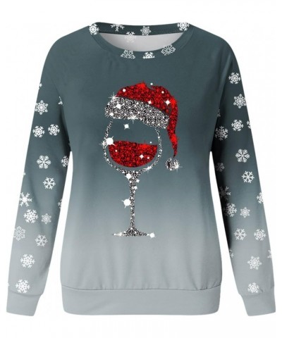 Glitter Xmas Wine Glass with Santa Hat Sweatshirts for Women Crewneck Gothic Christmas Costume Casual Funny No Hood Dark Gray...