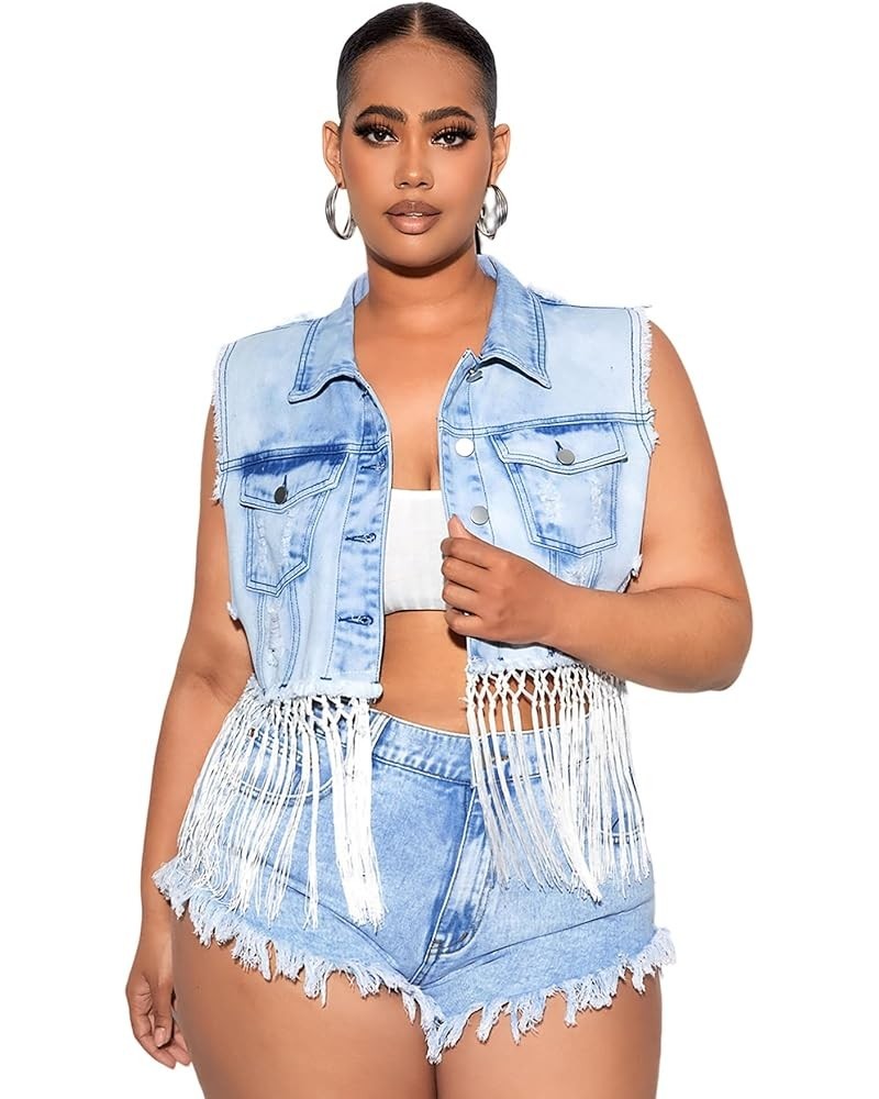 Women's Plus Size Button Front Sleeveless Fringe Hem Ripped Denim Jacket Outerwear Light Wash $22.79 Jackets