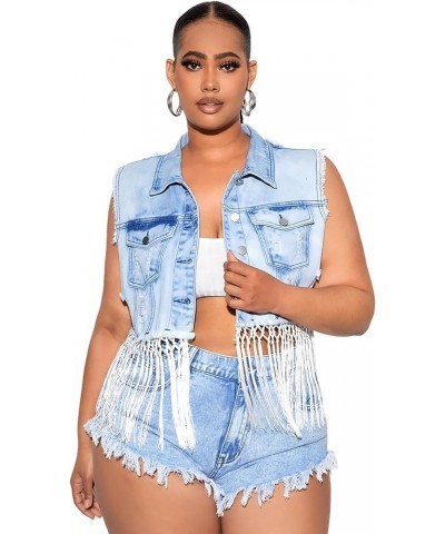 Women's Plus Size Button Front Sleeveless Fringe Hem Ripped Denim Jacket Outerwear Light Wash $22.79 Jackets